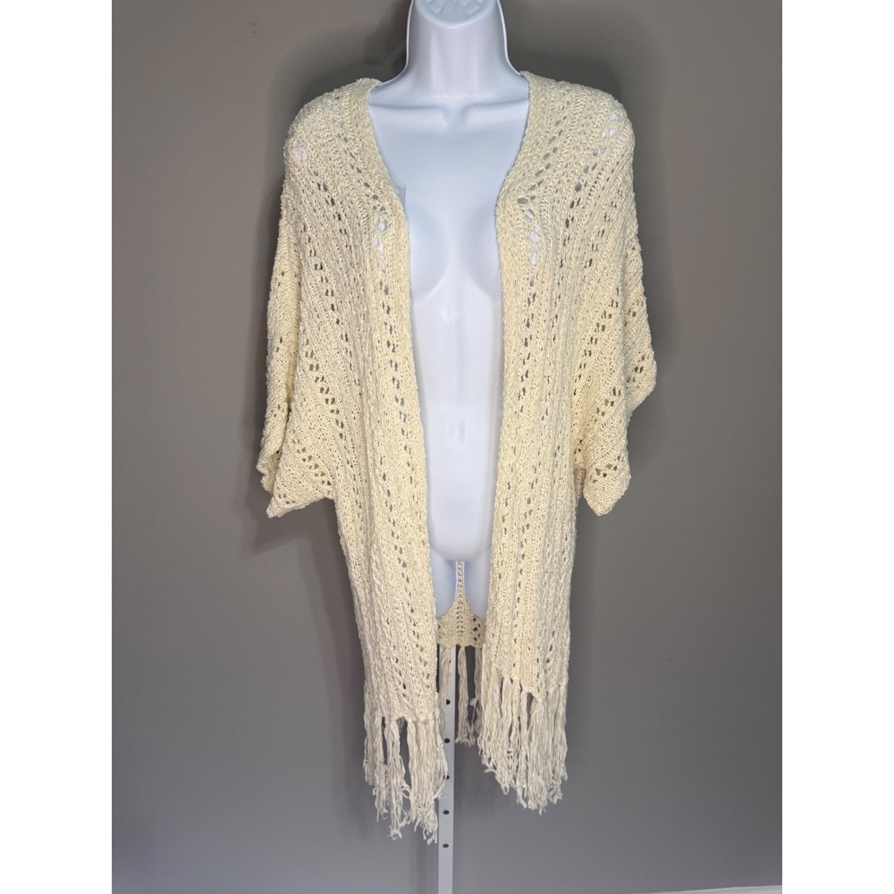 American Eagle Outfitters Cream Crochet Fringe Open Cardigan